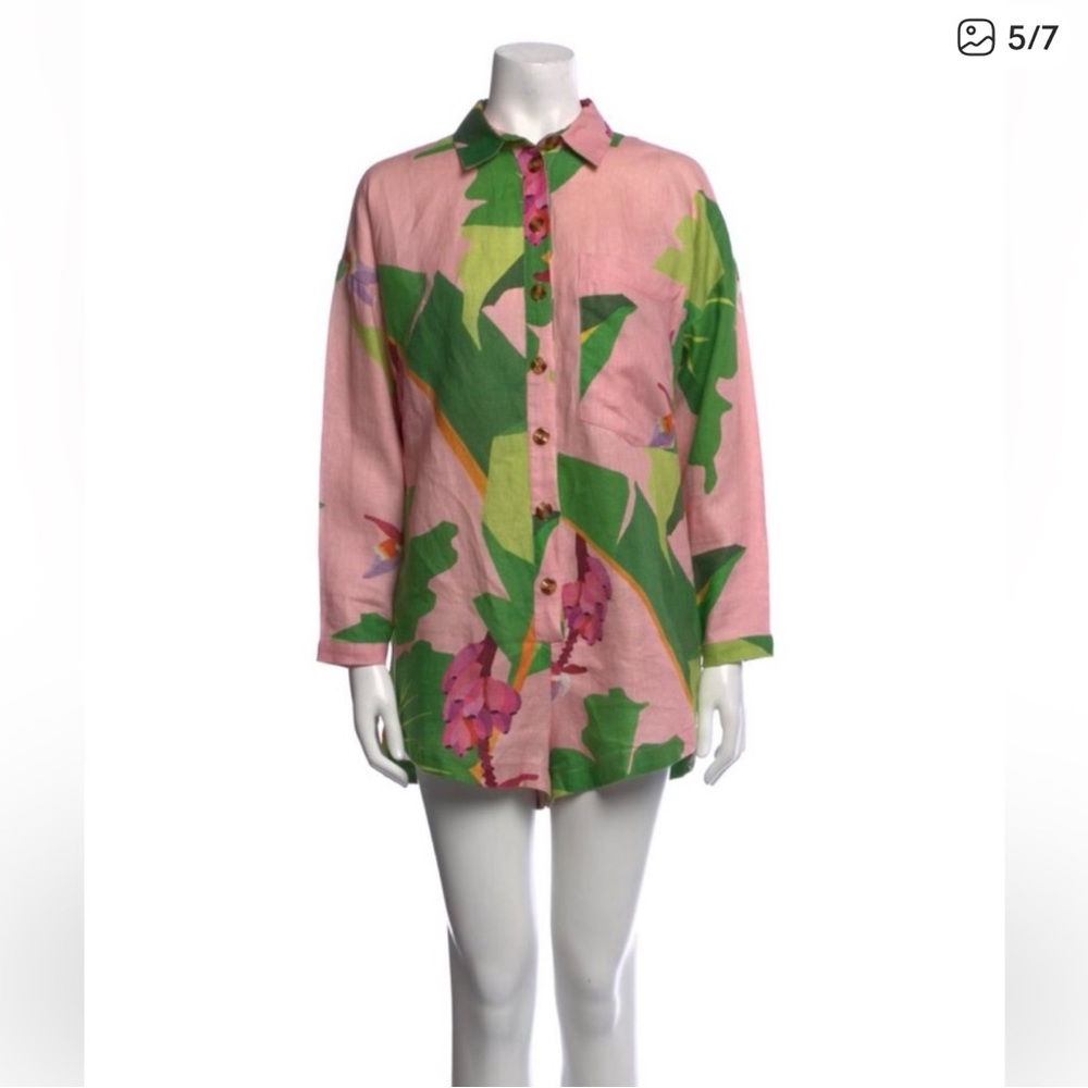 FARM Rio Pink and Green Banana Leaf Floral Jumpsuit Linen Blend